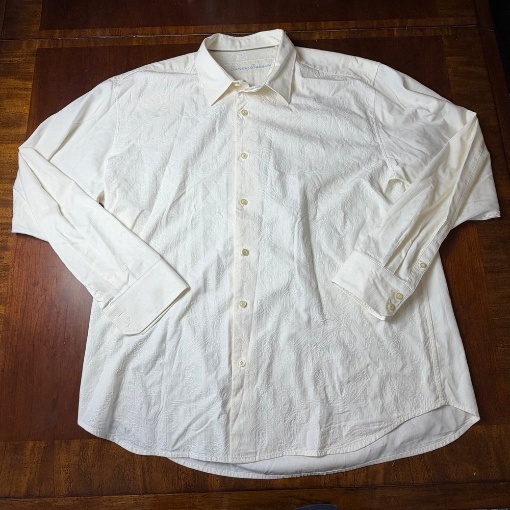 Tommy Bahama White Silk Cotton Paisley Button Up Shirt XL 26x30